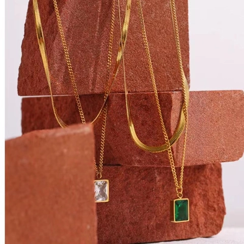 Dubbele Gelaagde Ketting 18K Verguld Roestvrij Staal Rechthoekige Zirkoon Hanger Retro Slangenketting Sieraden Vrouwen