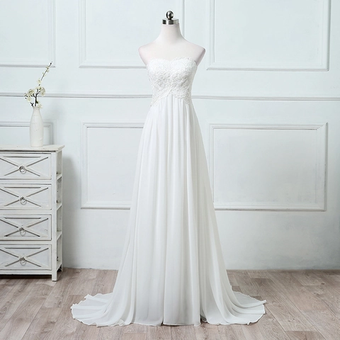Strapless Wedding Dress Lace Chiffon Bridal Gown A-Line Floor Length Formal Evening Party For Women