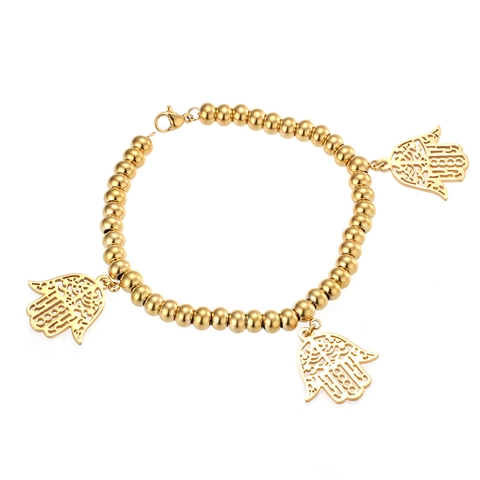 Hamsa Hand Charm Ronde Kralen Stretch Armband Roestvrij Staal Hol Verguld Boheemse Stijl Sieraden Voor Dames