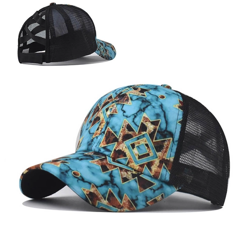 Ponytail Baseball Cap Marble Geometric Print Mesh Breathable Criss Cross Back Opening Sun Protection Hat For Women