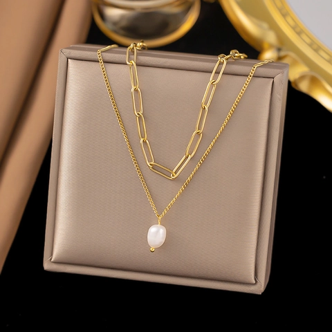 Double Layer Necklace With Freshwater Pearl Pendant Stainless Steel Gold Paperclip Chain Elegant Layered Retro Accessory