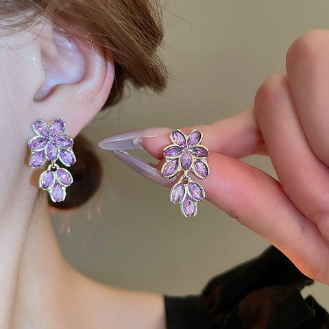 Vintage Luxury Purple Rhinestone Flower Leaf Earrings With Silver Earring Post Elegant Aesthetic Jewelry For Women