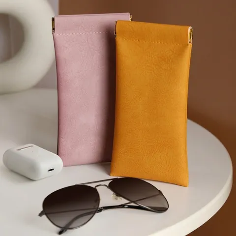 Portable PVC Leather Sunglasses Bag Automatic Spring Closure Lychee Pattern Eyewear Case Soft Velvet Lining Glasses Storage Pouch
