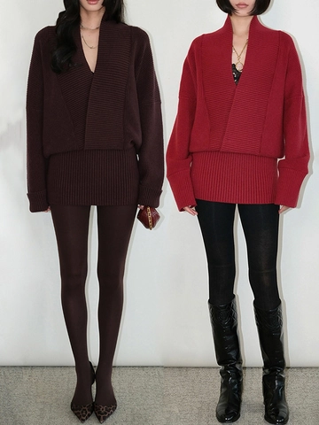 Ribbed Knit V Neck Long Sleeve Wrap Top And Bodycon Skirt Solid Color Slim Fit Sweater Outfit For Women Casual Sexy