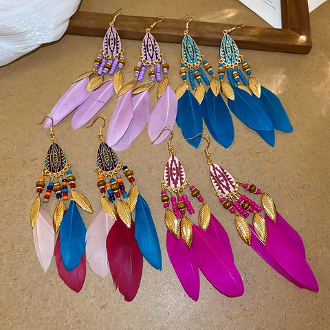 Pendientes Largos Bohemios De Pluma Aleación Hoja Cuentas Madera Poste Acero Joyería Étnica Vintage Para Mujer