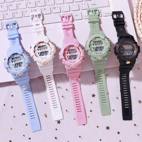 Stylish Digital Sports Watch For Students And Kids Luminous Alarm Multifunctional Resin Case PVC Strap Korean Fashion Wristwatch