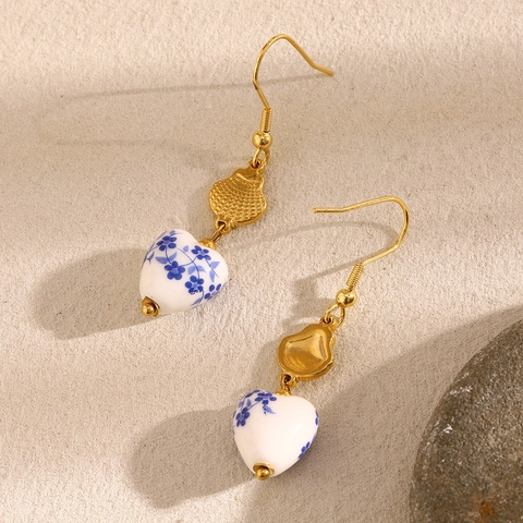 Vintage Heart Dangle Earrings Stainless Steel 18K Gold Plated Blue White Porcelain Ceramic Shell Chic Jewelry Women