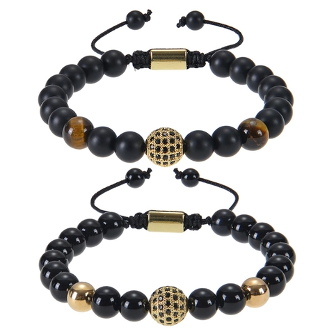 Bracciale Di Perle In Pietra Occhio Di Tigre Naturale Opaca Rame Micro Pave Zircone Retro Cordino Intrecciato Regolabile