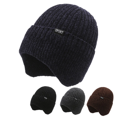 Gorro De Invierno Para Hombre Chenille Tejido Forro Polar Protección Para Oídos Cálido Grueso Cortavientos