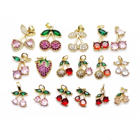 Fruit Cherry Strawberry Pendants Copper Zircon Inlay Charms For DIY Jewelry Making Necklaces Bracelets Accessories Sweet Style
