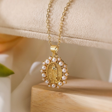 Collana Con Ciondolo Vergine Maria Rame Placcato Oro Perla Artificial Sintetica Gioielli Religiosi Stile Barocco Per Donne