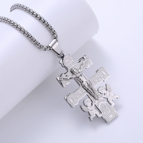 Orthodox Caravaca Cross Pendant Necklace 304 Stainless Steel Jesus Christ Relief Angels Religious Bicolor Jewelry