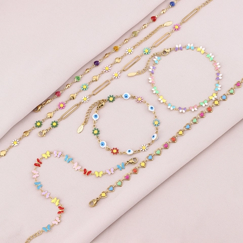 Evil Eye Butterfly Heart Daisy Enamel Bracelet Stainless Steel Adjustable Gold Plated Fashion Jewelry For Women