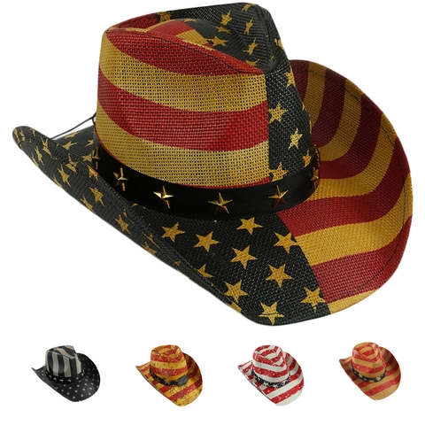 Vintage American Flag Cowboy Hat Paper Straw Stars And Stripes Retro Wide Brim Sunshade Beach Party Accessory