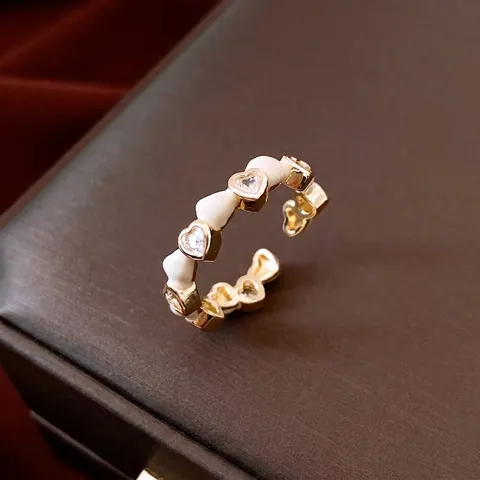 14K Gold Plated Flower Heart Artificial Pearl Rings Copper Enamel Zirconia Adjustable Open Finger Ring Fashion Women Jewelry