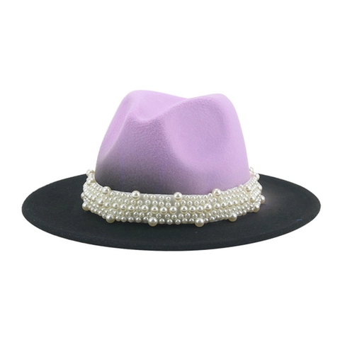 Chapeau Fedora En Feutre Dégradé Avec Künstliche Perles Large Bord Chapeau De Jazz Style Vintage Femmes Automne Hiver