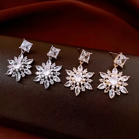 Snowflake Drop Earrings With Cubic Zirconia Copper And Silver Earring Post Luxury Winter Jewelry For Women