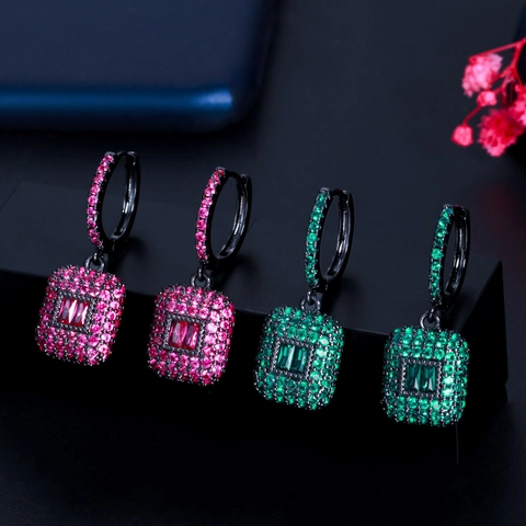 Orecchini a Goccia in Zirconia Quadrati in Rame Lusso Vintage per Donna Orecchini con Pietre Preziose Taglio Smeraldo Micro-set Verde Rosso