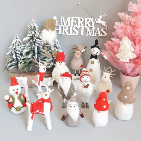 Décorations De Noël En Feutre De Laine Fait Main Père Noël Bonhomme De Neige Élan Gnome Figurines Pour Décoration D'Arbre De Fêtes