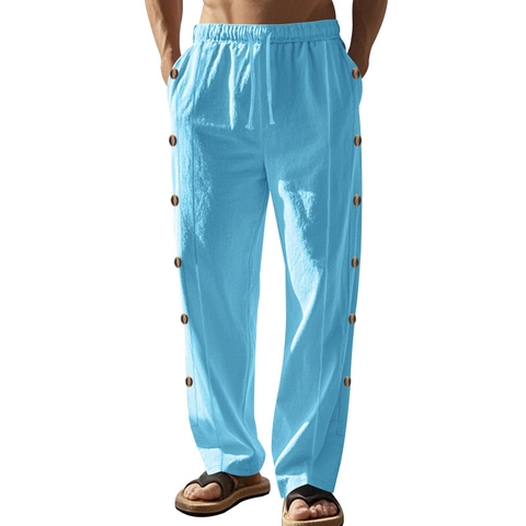 Men Linen Trousers Drawstring Waist Side Button Decor Straight Leg Beach Vacation Solid Casual Pants