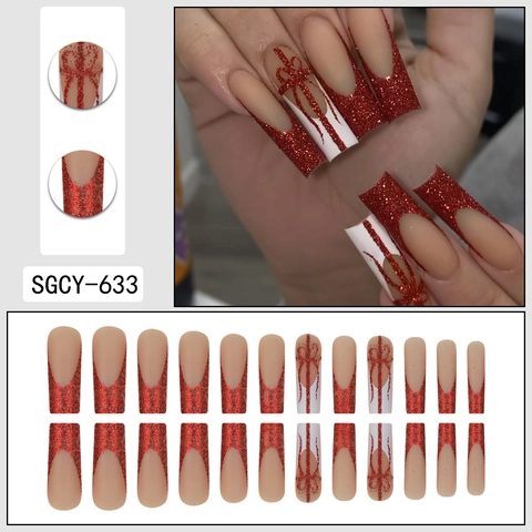 Red Glitter French Tip Press On Nails Long Coffin Bow Artificial False Nails Christmas Party Style