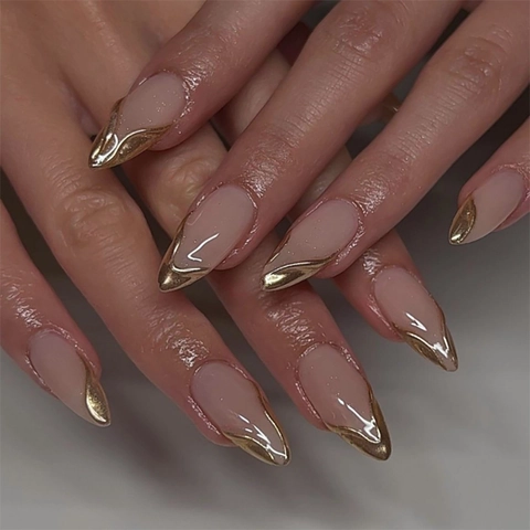 3D Or Bronzage Court Amande Press On Ongles Nu Rose Plastique Faux Ongles Style Français Pour Femmes