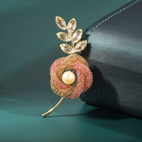 Elegante Broche de Flor de Metal para Mujer Perla Artificial Strass Estilo Chanel Corsage Floral Joyería Accesorios de Ropa