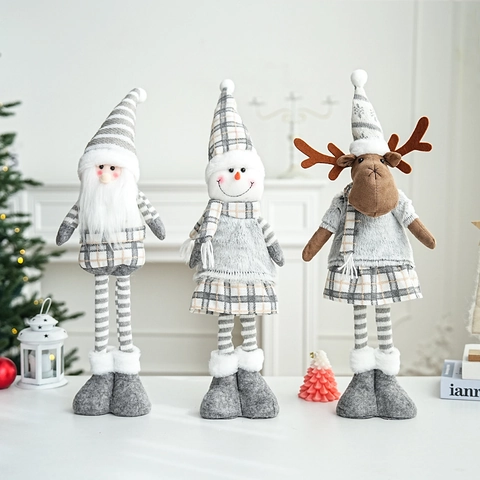 Christmas Plush Doll Figurines Retractable Legs Knitted Fabric Felt Santa Snowman Reindeer Grey Home Holiday Ornaments