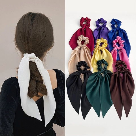 Elastico Per Capelli In Raso Elegante Con Nastro Coda Lunga Fermaglio Tinta Unita Elastico Retro Per Donne