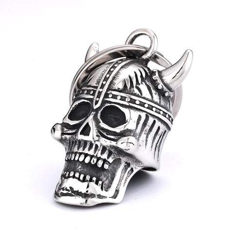 Vintage Viking Horned Skull Bell Pendant Necklace Stainless Steel Retro Biker Motorcycle Guardian For Men