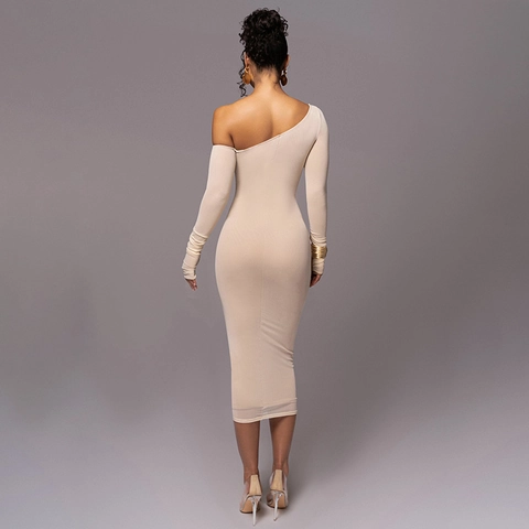 Women One Shoulder Long Sleeve Ruched Mesh Bodycon Midi Dress Elegant Solid Color Mesh Patchwork Party Clubwear