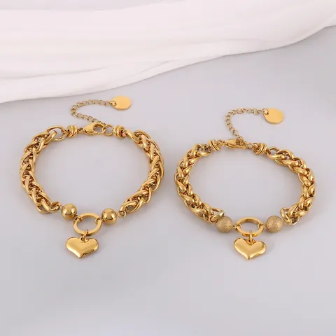 Herz Anhänger Armband Edelstahl Vergoldet Dicke Geflochtene Kette Modeschmuck Für Damen Mit Strukturierten Perlen