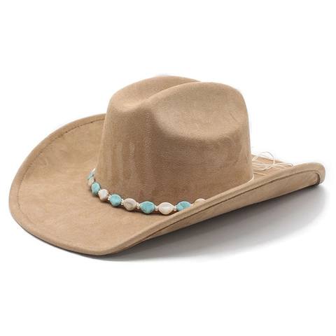 Westerse Cowboyhoed Suède Polyester Brede Rand Etnisch Kralenband Retro Boho Stijl Jazz Fedora Voor Dames Heren