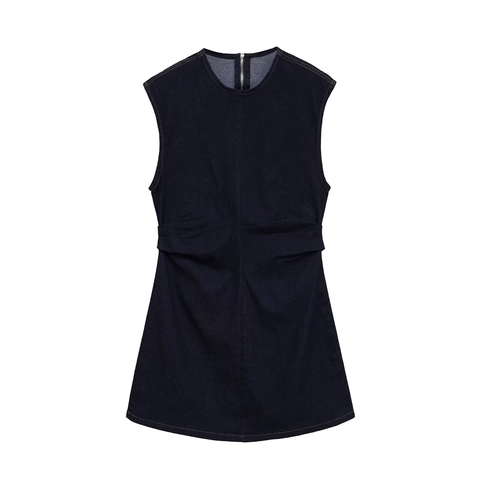 Mouwloze Denim Mini Jurk Ronde Hals Rits Achterkant Geplooide Taille Slim Fit Casual Elegant Mode Voor Dames Indigo Blauw