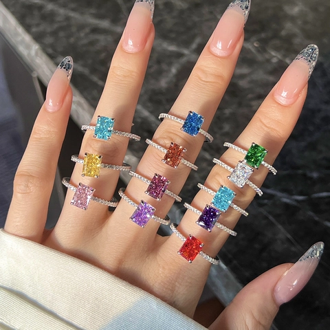 Luxury 925 Sterling Silver Rectangle Zirconia Ring For Women Ice Flower Cut Geometric Light Luxury Elegant Fashion Finger Jewelry
