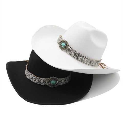Chapeau De Cow-Boy Western En Feutre De Laine Large Bord Bande Tressée Ethnique Décor Turquoise Vintage Hommes Femmes