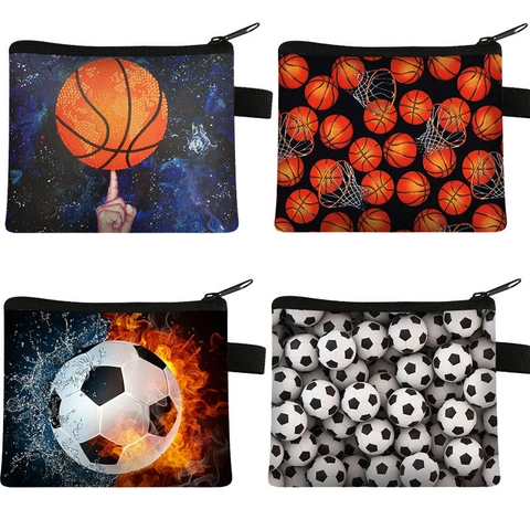 Sports Theme Coin Purse Polyester Portable Zipper Pouch With Hanging Loop For Kids Boys Students Basketball Football Patterns