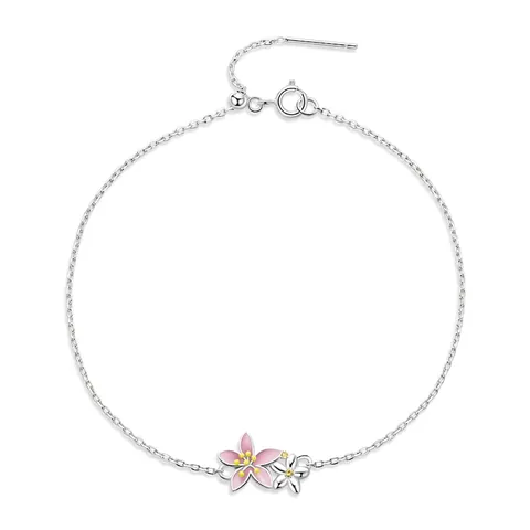 925 Sterlingsilber Kirschblüte Blume Armband Für Damen Rosa Emaille Doppelte Blume Verstellbare Kette Mode Schmuck Geschenk