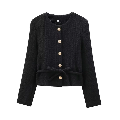 Tweed Jacke Damen Schwarz Slim Fit Goldene Knöpfe Schleifengürtel Langarm Gewebte Oberbekleidung Eleganter Stil