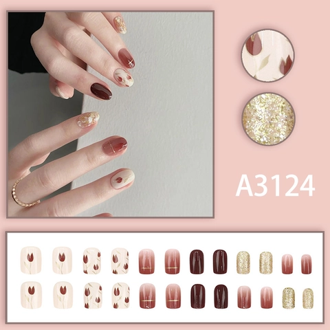 Red Tulip Floral Press On Nails With Gold Foil Wine Red Gradient Short Square Glossy Artificial Finger Nails For Women
