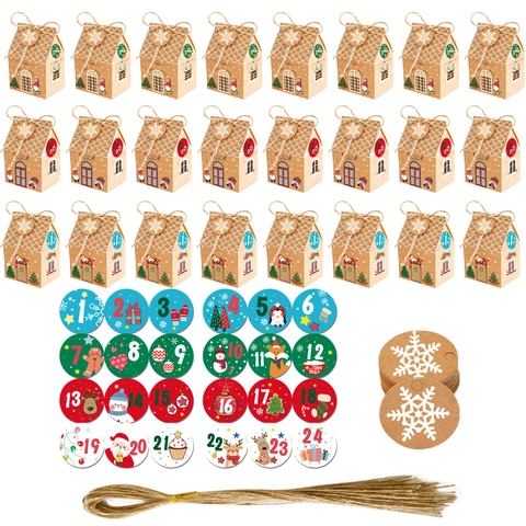 Cajas de Calendario de Adviento de Navidad Casita de Jengibre Papel Kraft Cajas de Regalo Con Cuerda de Cáñamo para Fiesta