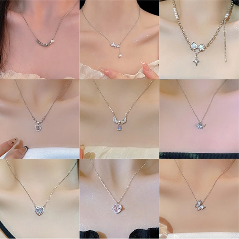 Titanium Steel Necklace For Women Elegant Korean Style Pendant With Cubic Zirconia Faux Artificial Pearl Butterfly Heart Dainty Jewelry