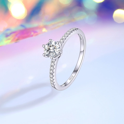 S925 Sterling Silver Moissanite Zirconia Ring For Women Classic Six Claw Round Cut Pave Stone Adjustable Open Ring Jewelry