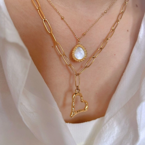 Collana con Pendente in Acciaio Inossidabile per Donna Elegante Cuore Serratura Croce Goccia Strass Intarsio Conchiglia