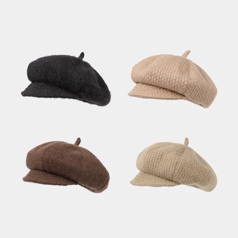 Women Newsboy Cap Solid Color Knitted Octagonal Hat Retro Japanese Style Short Brim Warm Winter Peaked Painter Cap