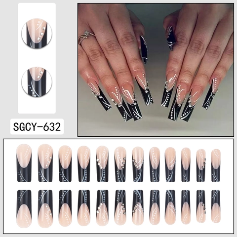 Unghie Finte Press On Nails French Tip Lunghe Coffin Con Strass Motivo A Linee Ondulate Nero Bianco Per Donne