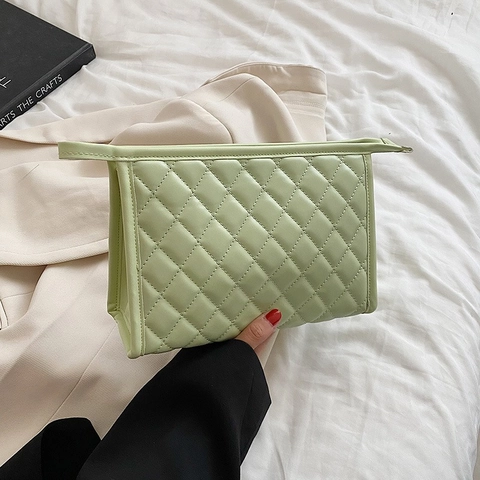 Bolsa De Maquillaje De Cuero PU Acolchada Gran Capacidad Neceser De Almacenamiento Cremallera Patrón De Diamantes Viaje