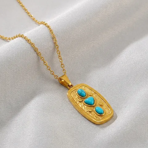 Vintage Türkis Herz Anhänger Halskette 18K Vergoldeter Edelstahl Geometrisch Gehämmert Textur Schmuck Für Damen