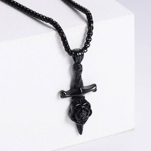 Collar Con Colgante De Espada Y Rosa Vintage Gótico Punk Acero Inoxidable 304 Joyería Regalo Para Hombres Mujeres