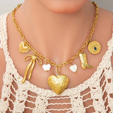 Vintage Stainless Steel Heart Necklace For Women Bohemian Multi-Charm Butterfly Shell Boot Evil Eye Pendant Locket Chain Jewelry